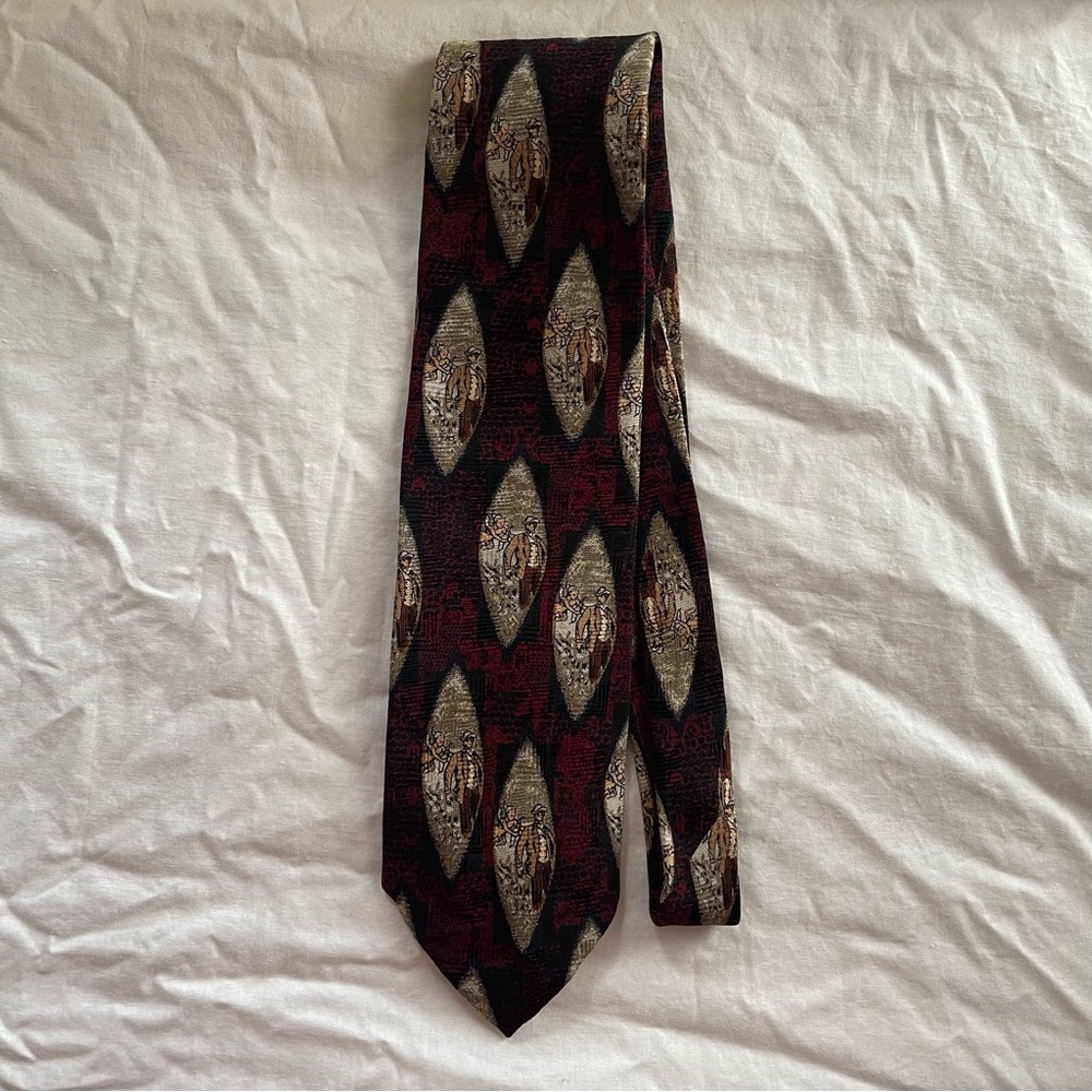 XMI 325 Series Mens Silk Tie Burgundy Black Victorian Illustration Hand Made USA